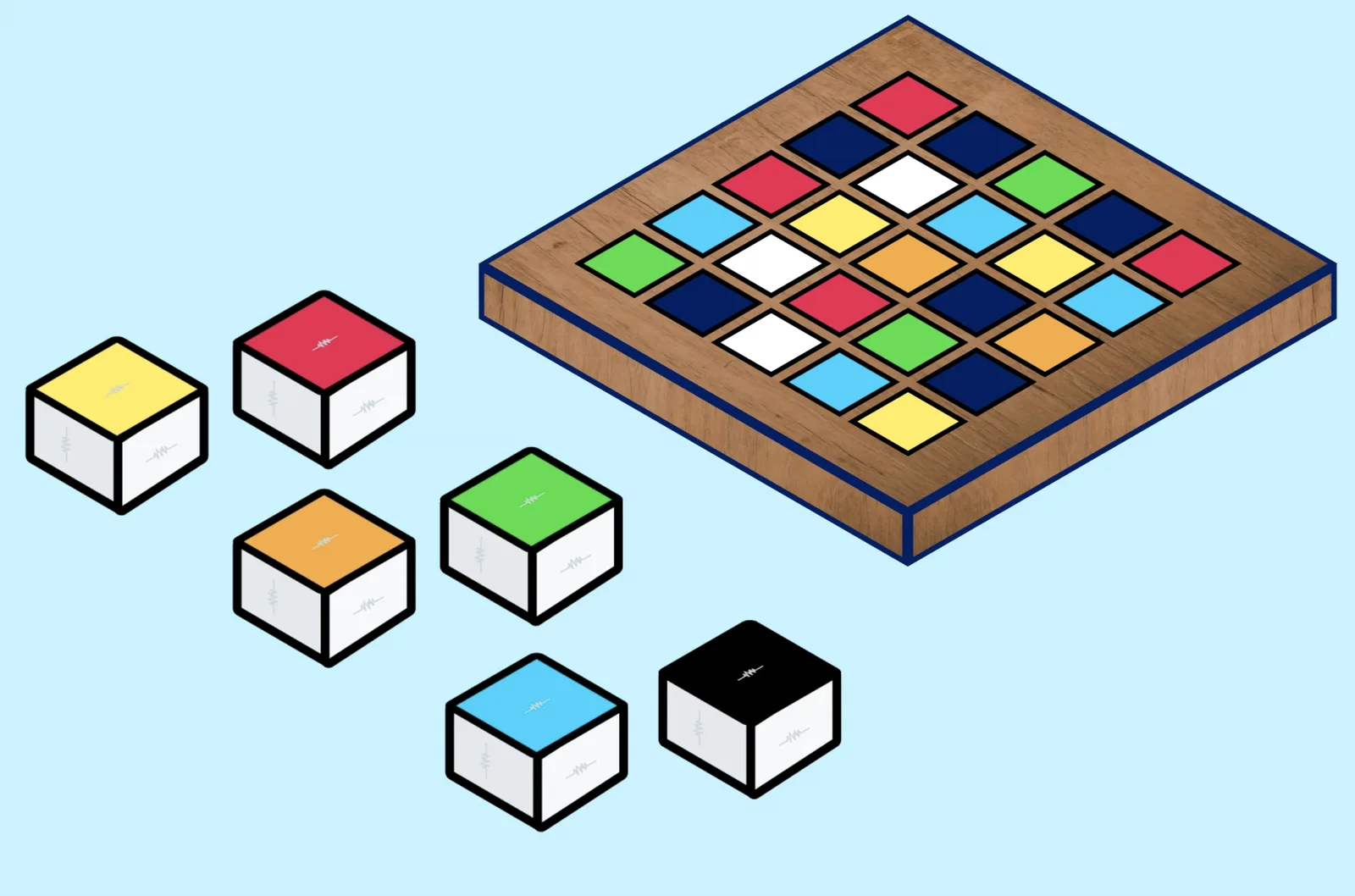K!nnected toy: a wooden 5x5 game board with colorful cubes