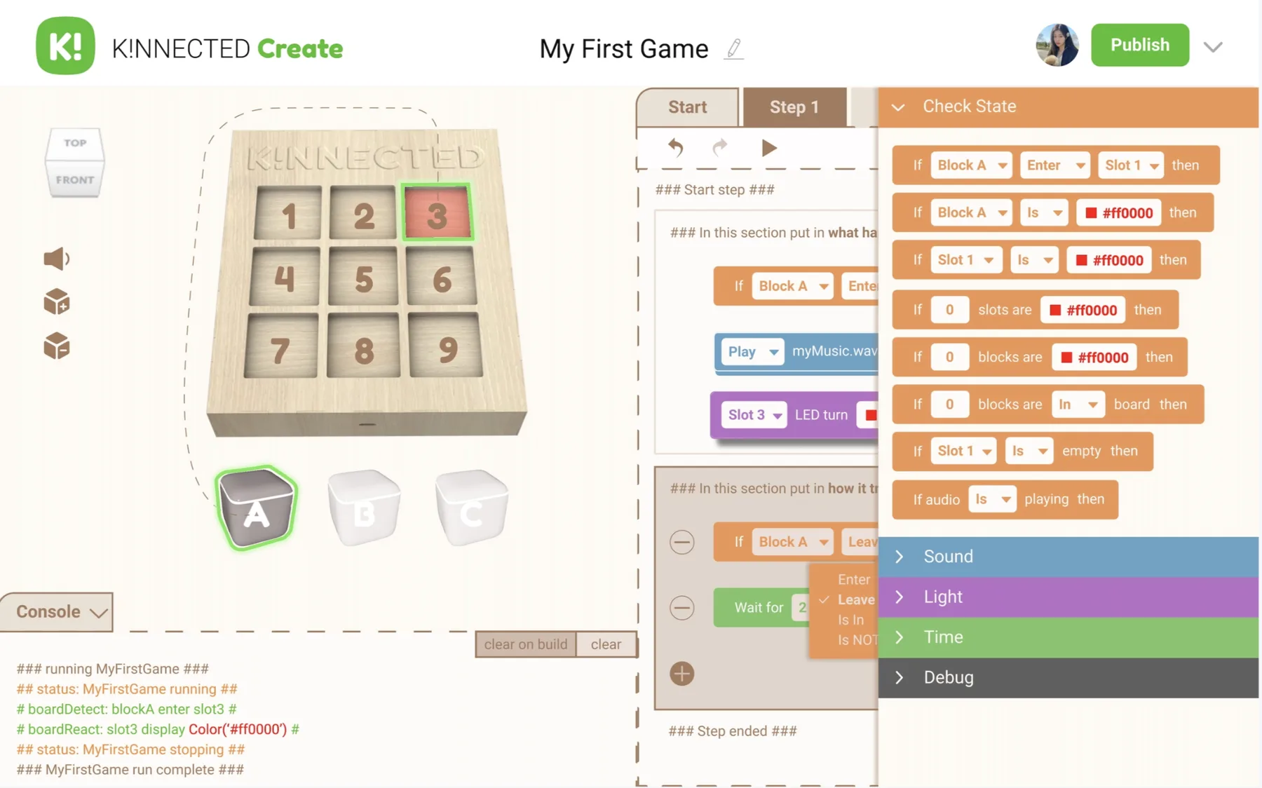K!nnected Create: block-based game editor with a board preview