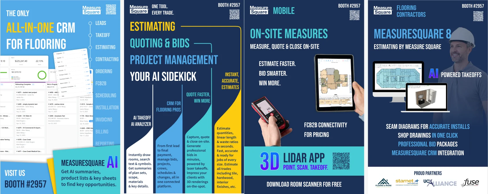 Four column wrap panels: all-in-one CRM, one tool every trade, mobile on-site measures, MeasureSquare 8