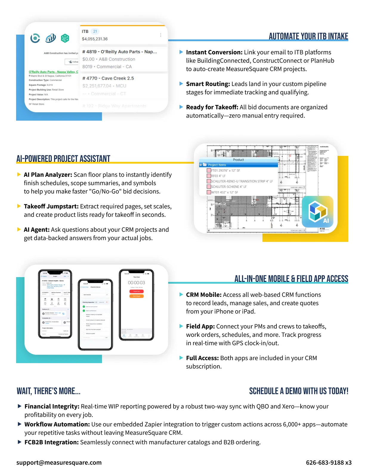 CRM flyer covering ITB intake, AI project assistant and mobile apps