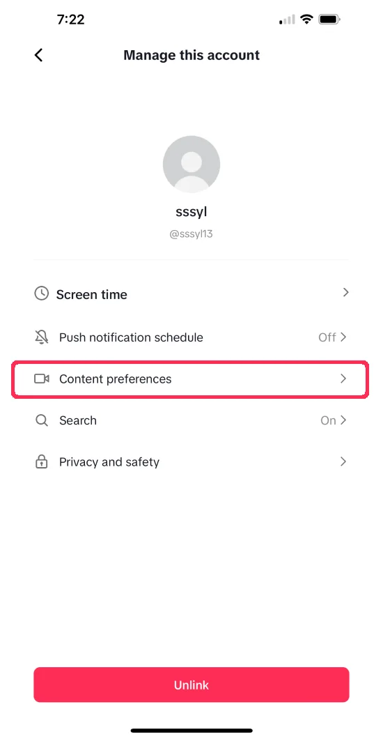 Manage teen account, Content preferences highlighted