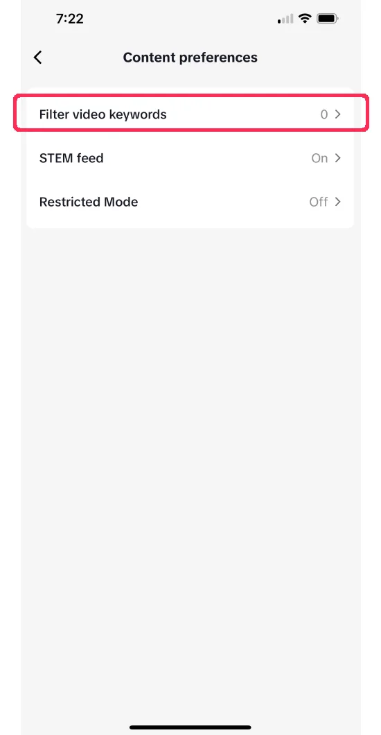 Content preferences, Filter video keywords highlighted