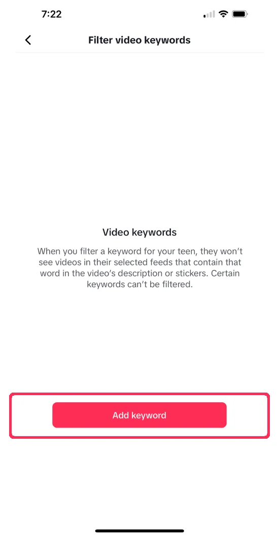 Empty keyword list with Add keyword button