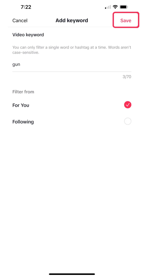 Add keyword screen with one word entered
