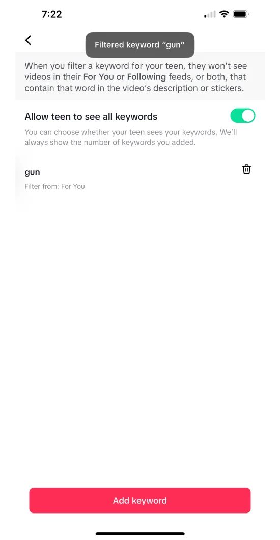 Keyword list showing one filtered word