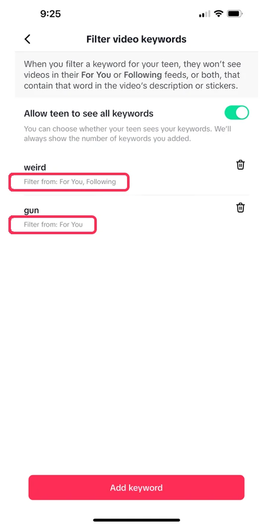 Keyword list showing two filtered words