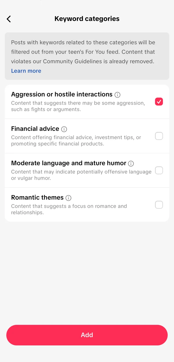 What TikTok shipped: the keyword categories screen, checked October 2026