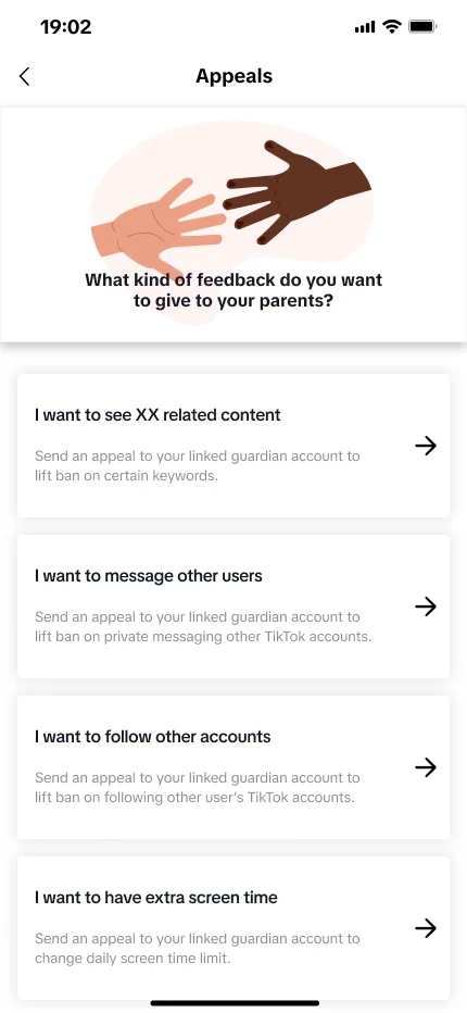 Appeal types: see content, message others, follow accounts, extra screen time