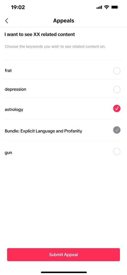 Appeal form with one filtered topic selected