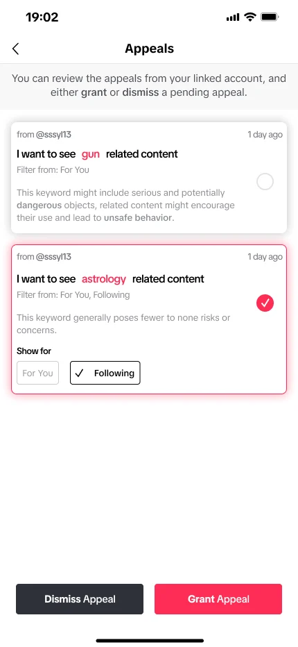 Appeal granted for the Following feed only