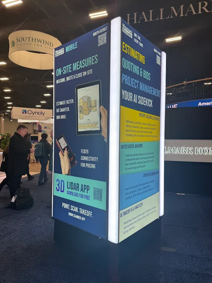 Lit three-sided kiosk advertising MeasureSquare Mobile and the product suite